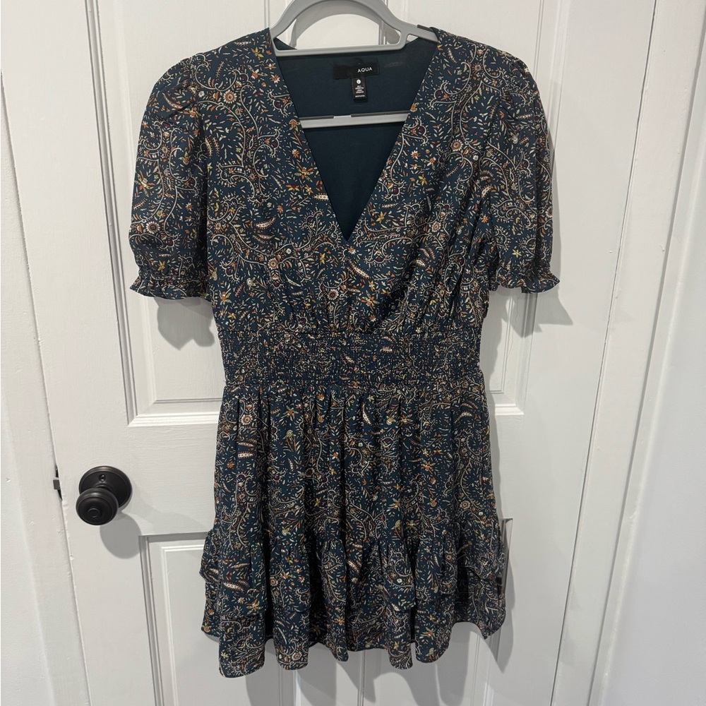 Aqua Navy Paisley Smocked Mini Dress with Tan Accents